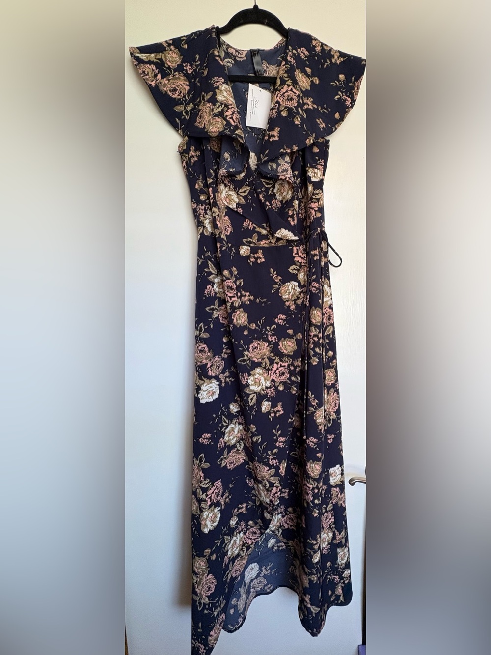 Wish Navy Floral High-Low Wrap Dress with Pink & Cream Blooms NWT